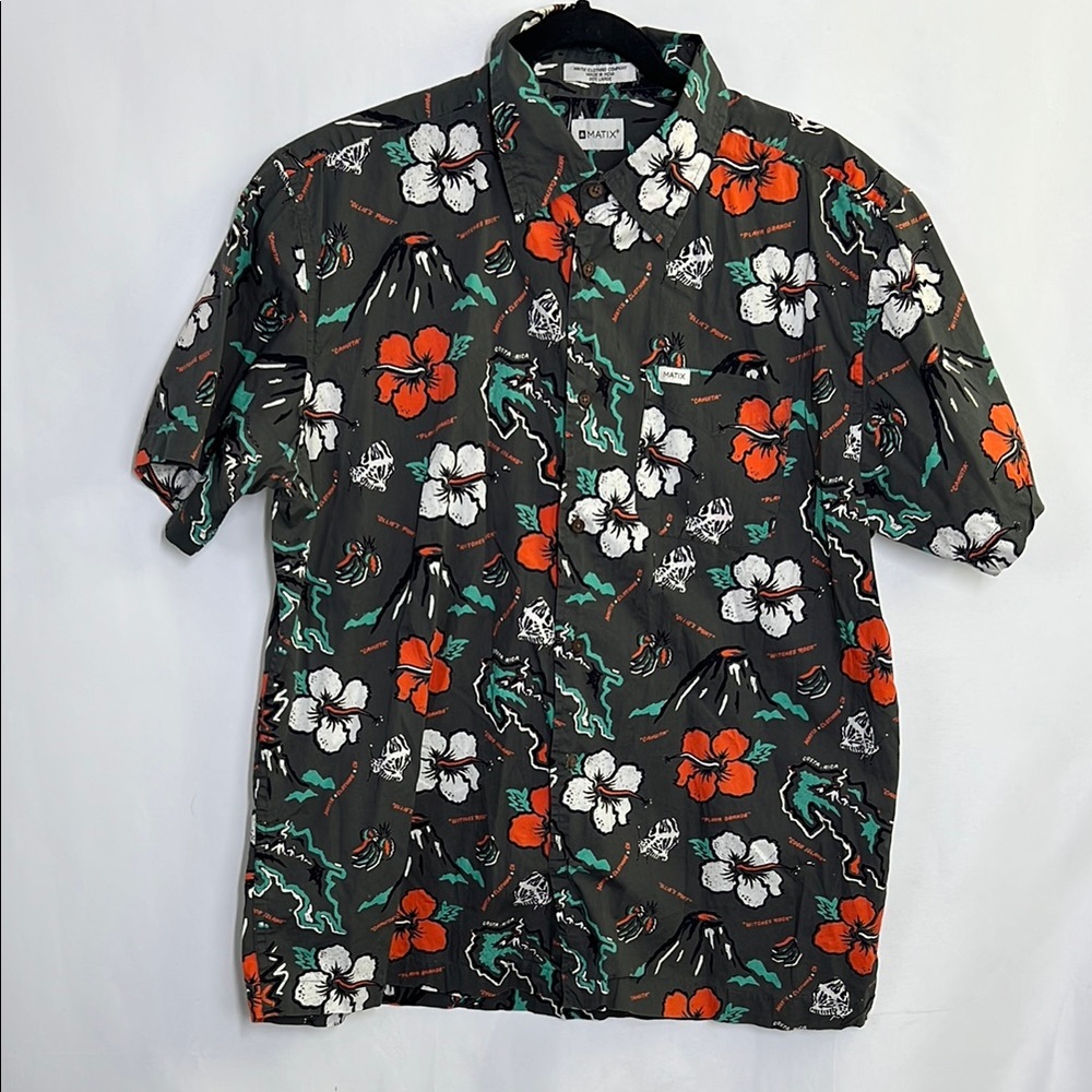 Floral Men's Shirt - Black, White, Orange button down tee shirt with collar